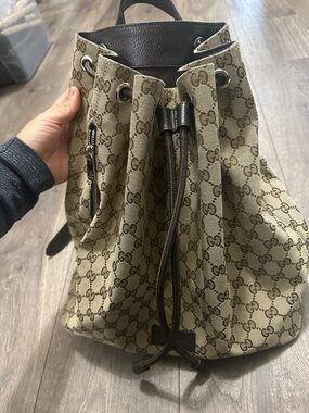 Gucci Beige and Brown GG Canvas Drawstring Backpack